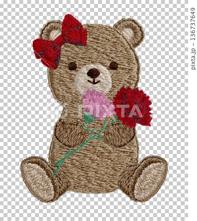 【カーネーションを持つテディベア】手刺繍イラスト素材 【カーネーションを持つテディベア】手刺繍イラスト素材 136737649