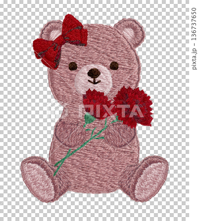 [Teddy bear holding a carnation] Hand-embroidered illustration material 136737650