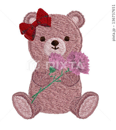 【カーネーションを持つテディベア】手刺繍イラスト素材 【カーネーションを持つテディベア】手刺繍イラスト素材 136737651