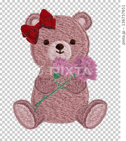 【カーネーションを持つテディベア】手刺繍イラスト素材 【カーネーションを持つテディベア】手刺繍イラスト素材 136737651