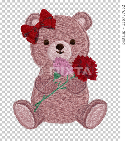 [Teddy bear holding a carnation] Hand-embroidered illustration material 136737652