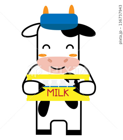牛乳配達をする牛のキャラクターの牛乳箱を持った笑顔のイラスト 136737943