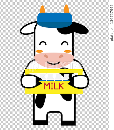 牛乳配達をする牛のキャラクターの牛乳箱を持った笑顔のイラスト 136737943