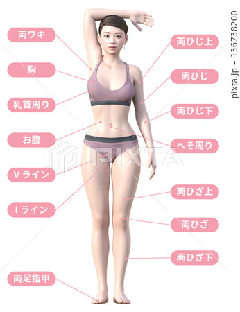 脱毛 施術部位と日本人女性3Dモデルのイラスト 全身正面 136738200