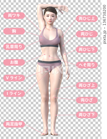 脱毛 施術部位と日本人女性3Dモデルのイラスト 全身正面 136738200