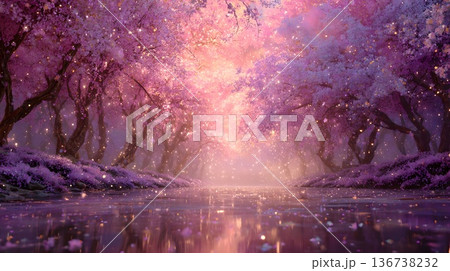 夢幻的な桜の仙境風景背景素材・春のファンタジーイメージ 136738232