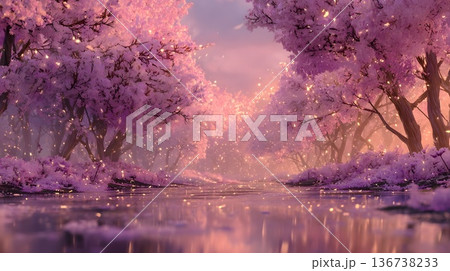 夢幻的な桜の仙境風景背景素材・春のファンタジーイメージ 136738233