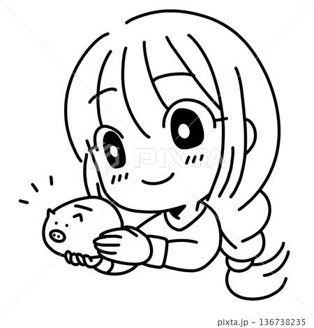 貯金箱を持つ女性の線画イラスト 136738235