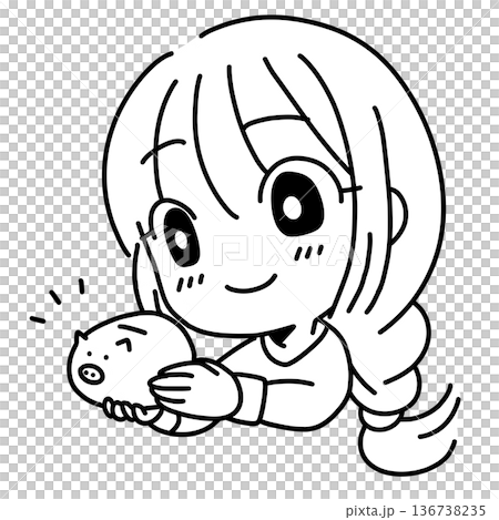 貯金箱を持つ女性の線画イラスト 136738235
