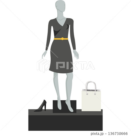 Woman shop clothing boutique showcase with mannequin in elegant dress with accessories vector icon isolated on white 136738666