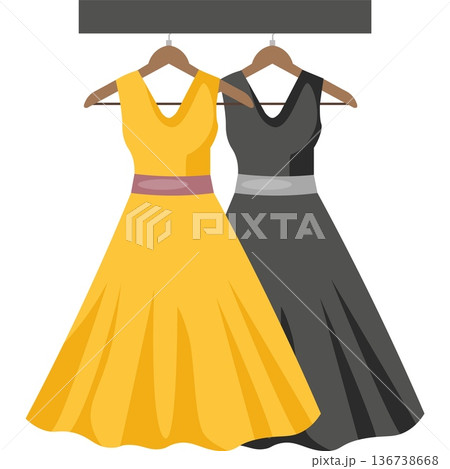 Fashion dress on shop hanger for sale vector icon isolated on white Fashion dress on shop hanger for sale vector icon isolated on white 136738668