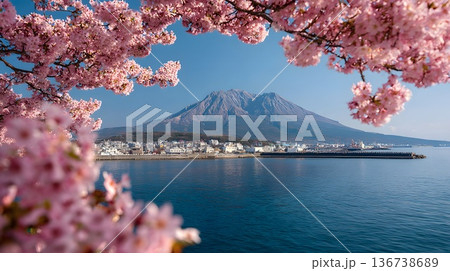 満開の桜越しに望む鹿児島湾の火山と春の青空 136738689
