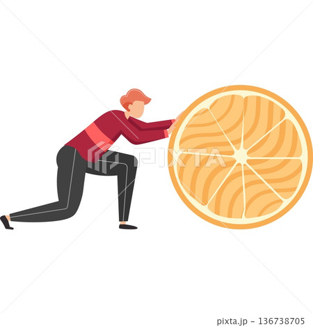 Man rolling huge slice of orange for tea preparation vector icon isolated on white 136738705