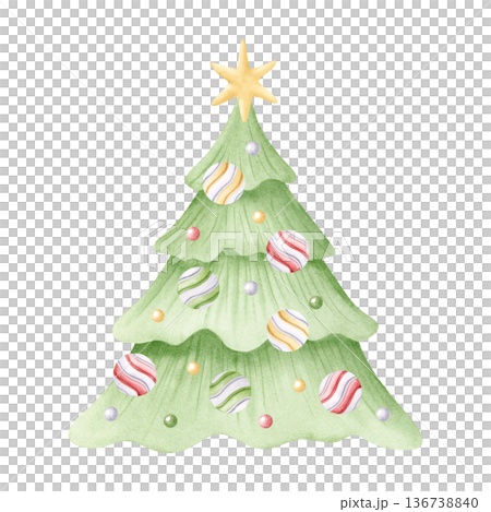 Cartoon Christmas tree decorated with gold star and baubles watercolor illustration isolated on white for Happy New Year greeting cards and designs. Simple spruce drawing with hanging balls clip art 136738840