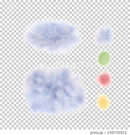 Watercolor winter clouds background elements illustration set isolated on white. Hand drawn pastel blue paint splashes and blobs. Red, green and yellow round stains for Christmas abstract designs 136738852