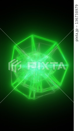 Glowing green wireframe polyhedron with a bright energy core, futuristic geometric technology concept on dark background Glowing green wireframe polyhedron with a bright energy core, futuristic geometric technology concept on dark background 136738979
