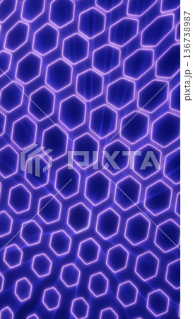 Futuristic neon hexagon grid with glowing purple outlines on blue background, representing digital networks, technology patterns, and cyber connectivity Futuristic neon hexagon grid with glowing purple outlines on blue background, representing digital networks, technology patterns, and cyber connectivity 136738987