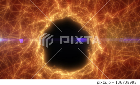 Orange glowing portal with polygon network and purple lens flare, futuristic energy vortex abstract background 136738995