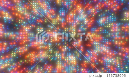Vivid abstract burst of multicolored glowing dots forming a dynamic digital tunnel with rich neon tones 136738996
