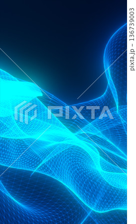 Futuristic blue wireframe wave mesh on dark background, showing flowing digital grid geometry for technology, data, and modern abstract design Futuristic blue wireframe wave mesh on dark background, showing flowing digital grid geometry for technology, data, and modern abstract design 136739003