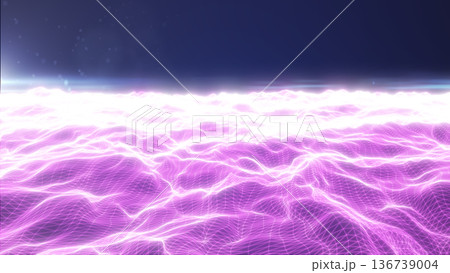 Pink neon wireframe wave field with soft glow and particles, abstract digital grid landscape for futuristic backgrounds Pink neon wireframe wave field with soft glow and particles, abstract digital grid landscape for futuristic backgrounds 136739004
