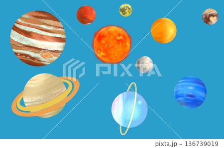 占星術10天体のポップなイラスト(青系) 占星術10天体のポップなイラスト(青系) 136739019