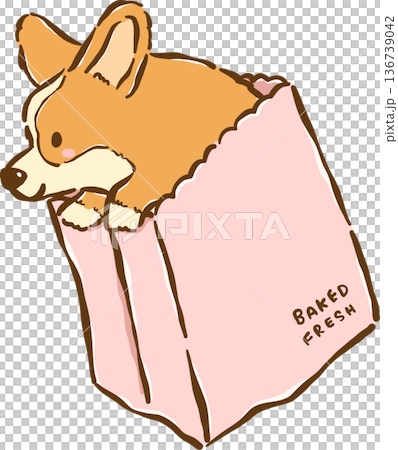 Cute Corgi Peeking From Bag Cartoon Hand Drawn, Bread Loaf Dog 136739042
