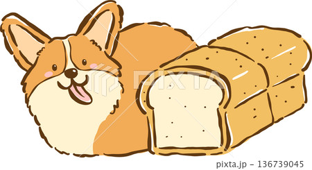 Cute Corgi Dog and Bread Loaf Cartoon Hand Drawn 136739045