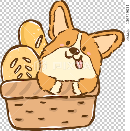 Cute Corgi Loaf in Bread Basket Cartoon Hand Drawn, Bread Loaf Dog 136739051
