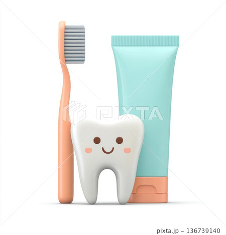 Cute smiling tooth with toothbrush and toothpaste dental hygiene concept Cute smiling tooth with toothbrush and toothpaste dental hygiene concept 136739140