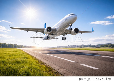 Passenger airplane taking off from runway under blue sky and bright sunlight Passenger airplane taking off from runway under blue sky and bright sunlight 136739176