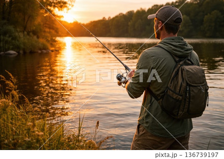Man fishing at sunset on peaceful lake enjoying outdoor leisure activity 136739197