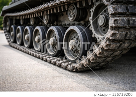 Close up of heavy tank tracks and wheels on asphalt road Close up of heavy tank tracks and wheels on asphalt road 136739200