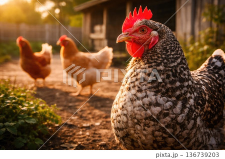 Chickens walking in rural farmyard during warm morning light Chickens walking in rural farmyard during warm morning light 136739203