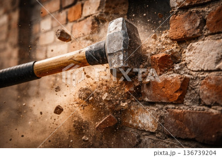 Sledgehammer breaking brick wall with flying debris and dust 136739204