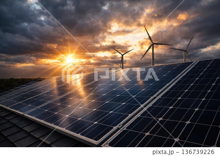 Solar panels and wind turbines at sunset renewable energy sustainable power concept 136739226