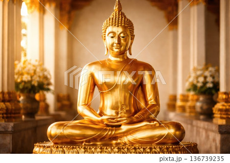 Golden Buddha statue in meditation pose inside peaceful temple interior 136739235