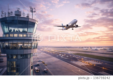 Passenger airplane taking off near airport control tower at sunset 136739242
