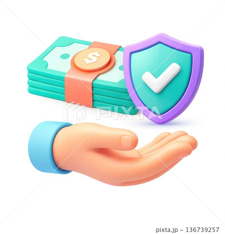 Hand holding money stack with security shield and check mark 136739257