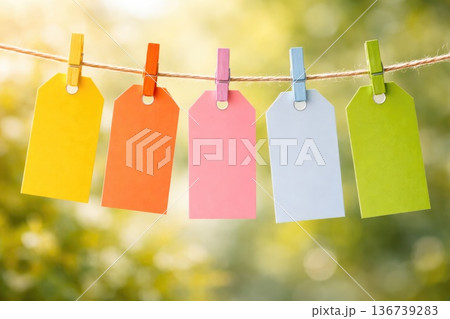 Colorful blank price tags hanging on rope with clothespins in nature background Colorful blank price tags hanging on rope with clothespins in nature background 136739283