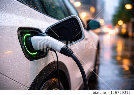 Electric car charging on city street in rainy evening with glowing charging port Electric car charging on city street in rainy evening with glowing charging port 136739312
