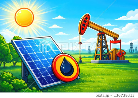 Solar panel and oil pump jack comparison illustration of renewable versus fossil energy Solar panel and oil pump jack comparison illustration of renewable versus fossil energy 136739313