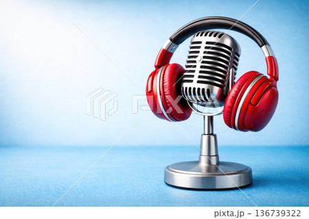 Retro microphone with red headphones isolated on blue background for podcast and music concept 136739322