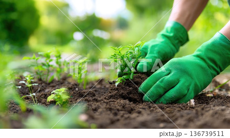 Gardener planting young green seedlings in soil with protective gloves eco lifestyle concept Gardener planting young green seedlings in soil with protective gloves eco lifestyle concept 136739511