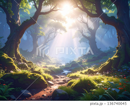 新緑の季節、木漏れ日、光る葉っぱ 136740045
