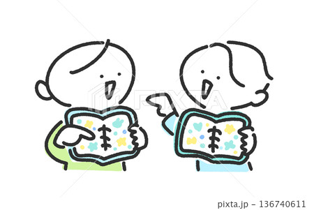 シール帳でシール交換をして遊ぶ2人の男性キャラクター　シル活　平成女児 136740611