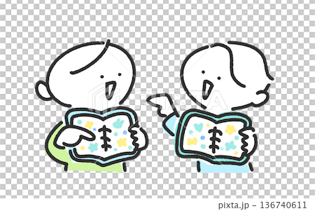 シール帳でシール交換をして遊ぶ2人の男性キャラクター　シル活　平成女児 136740611