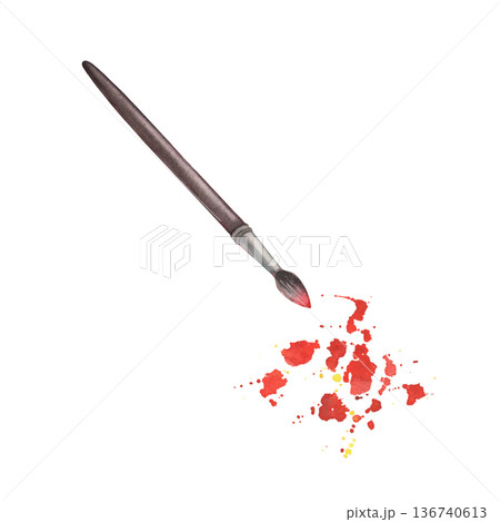 Round brush with red tip, paint splashes. Hand-painted watercolor illustration isolated on white. Perfect for art branding, creative studios, workshops, packaging, posters, expressive design projects 136740613