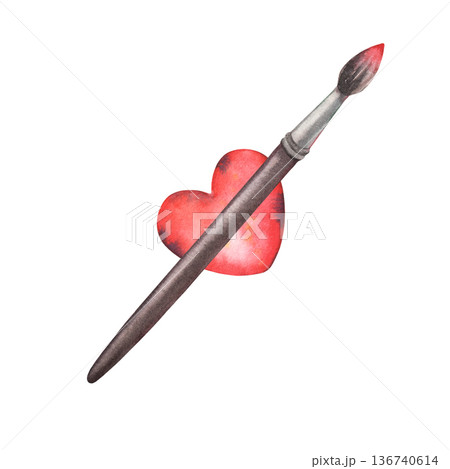 Round paintbrush with red paint on the tip and heart-shaped holder. Hand-painted watercolor illustration isolated on white for art branding, workshops, school materials, packaging, posters, designs 136740614