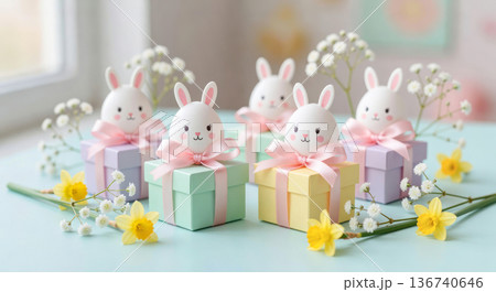 Easter-themed decorations featuring pastel gift boxes and bunny-shaped eggs surrounded by flowers on a light blue table 136740646